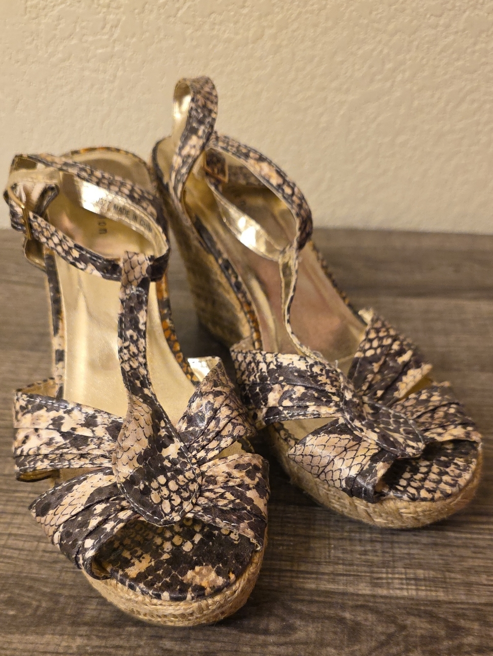 attention Snake-Print Espadrille Wedge Sandals in Beige and Brown Size 9W